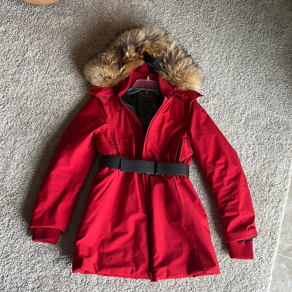 Prada red coat with leather belt made in Italy